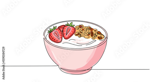 Doodle Yogurt bowl with fresh strawberries and granola - One Line Drawing with Watercolor Fill, Minimalistic Vector Illustration on White Background