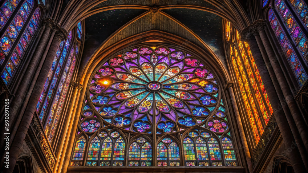 Cultural immersion connects people. Stunning stained glass window showcasing intricate designs and vibrant colors in a grand architectural setting. Cultural immersion connects people. Stunning stained glass window showcasing intricate designs and vibrant colors in a grand architectural setting.