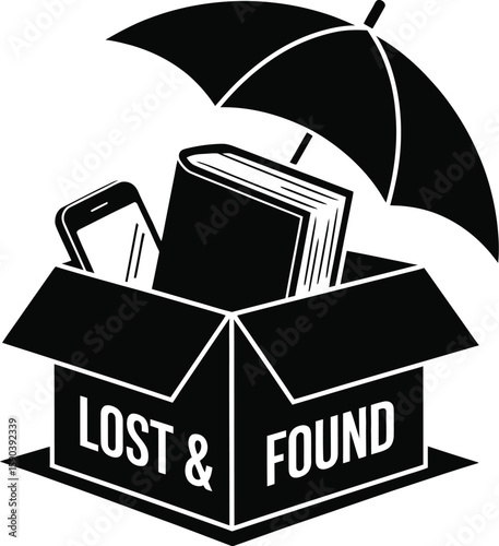 Lost and found box with book and phone under umbrella protection
