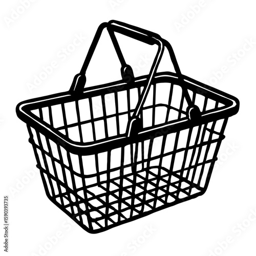 Shopping Basket Vector in Black and White – Minimal Line Drawing of Rectangular Handheld Basket with Grid Sides and Upright Handles for Retail, Market, and Ecommerce Concepts
