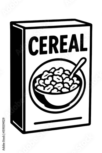 Black and White Vector Illustration of a Cereal Box and Bowl with Spoon - Minimalist Line Art Design for Breakfast, Food Packaging, and Branding Projects  
