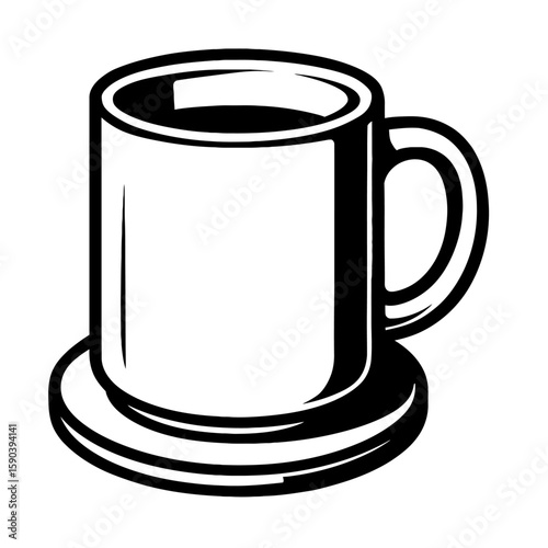 Black and White Vector Illustration of a Coffee Mug Placed on a Saucer - Minimalist Line Art for Beverage, Branding, and Food Packaging Projects  
