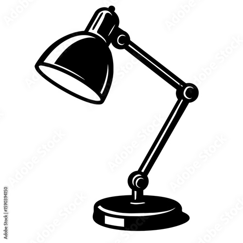 Black and White Vector Illustration of an Adjustable Task Lamp - Minimalist Line Art with Flexible Arm and Conical Shade for Office, Study, and Workspace Projects  
