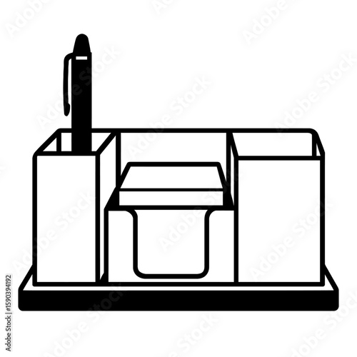 Vector Illustration of a Desk Organizer with Pen and Sticky Notes - Minimalist Black and White Outline Design for Office and Workspace Branding  
