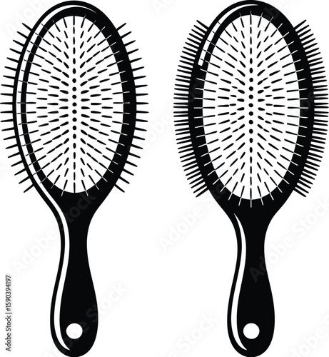 Two black oval hair brushes with handles displayed side by side