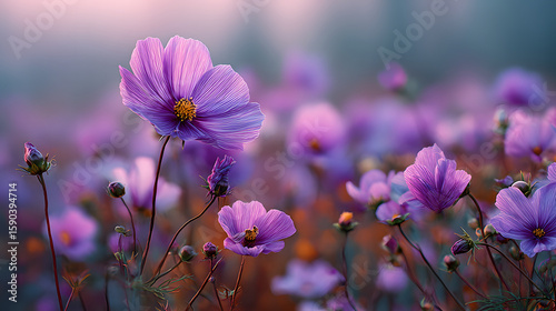 Vibrant purple flower field with blurred background and soft bokeh effects in a natural setting Copy Space