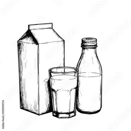 Package and bottle of maloka, glass of milk or kefir, black and white silhouette. Vector illustration. Milk drink, yogurt, healthy, isolated on white background. For invitations, cards, textiles 