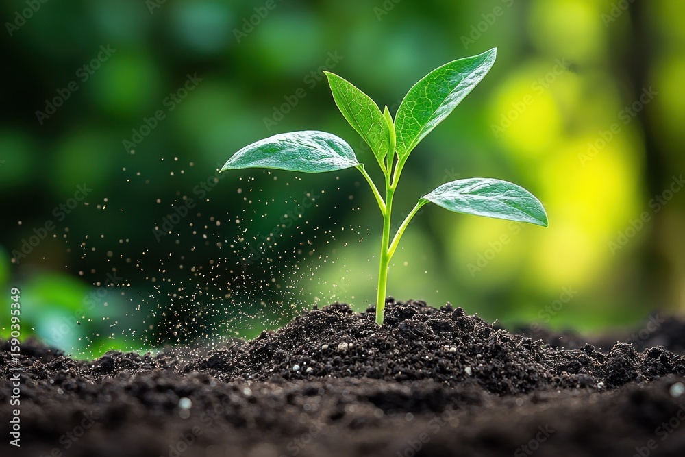 Fototapeta premium A young plant sprouts from dark soil, being gently watered