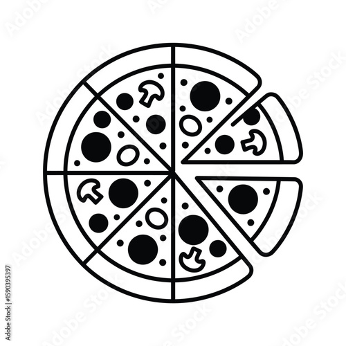 Stylized black and white illustration of a mushroom and olive pizza with a few slices removed