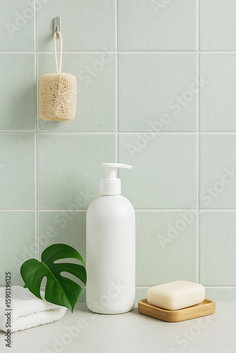 White Soap Dispenser and Bar on Mint Green Bathroom Tiles