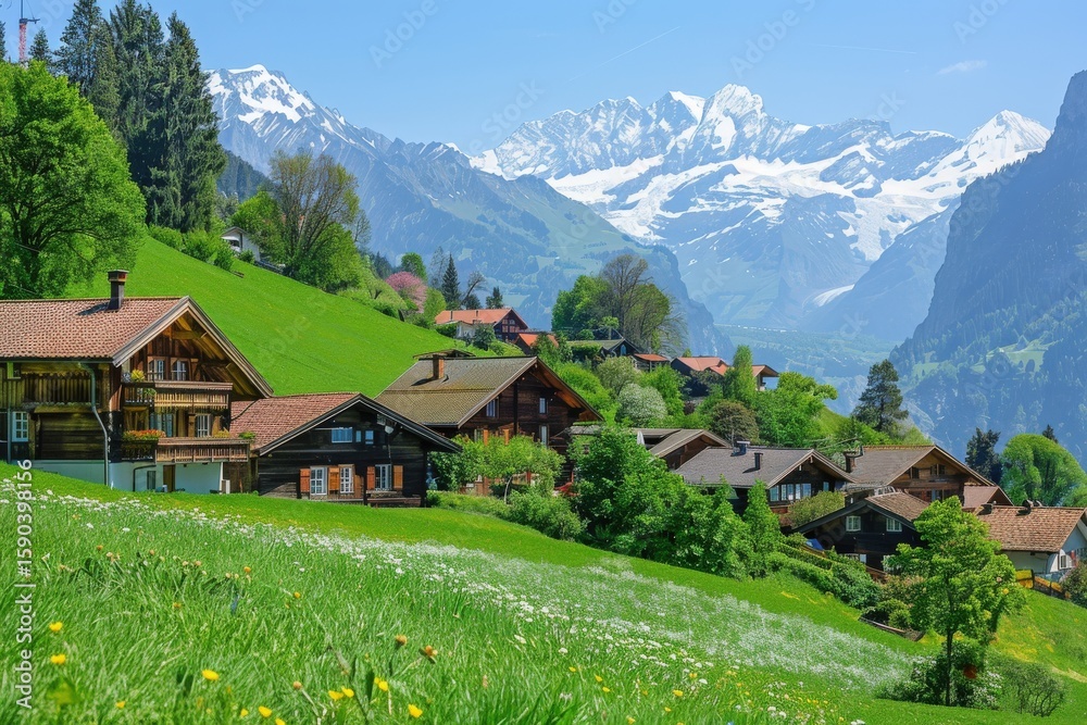 Scenic swiss village in lush valley with snow-capped mountains and wooden houses Scenic swiss village in lush valley with snow-capped mountains and wooden houses