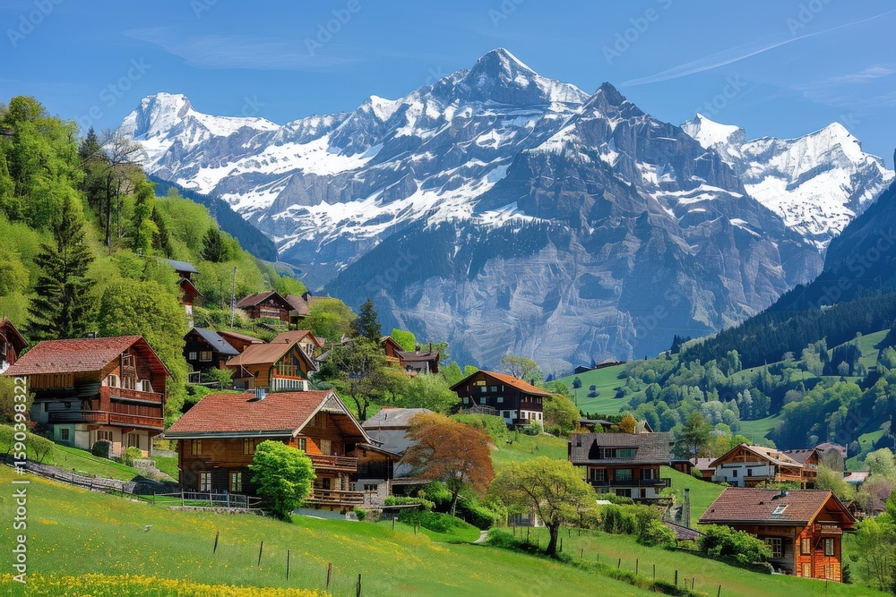 Obraz premium Charming alpine village with traditional chalets and majestic snowy mountains in springtime