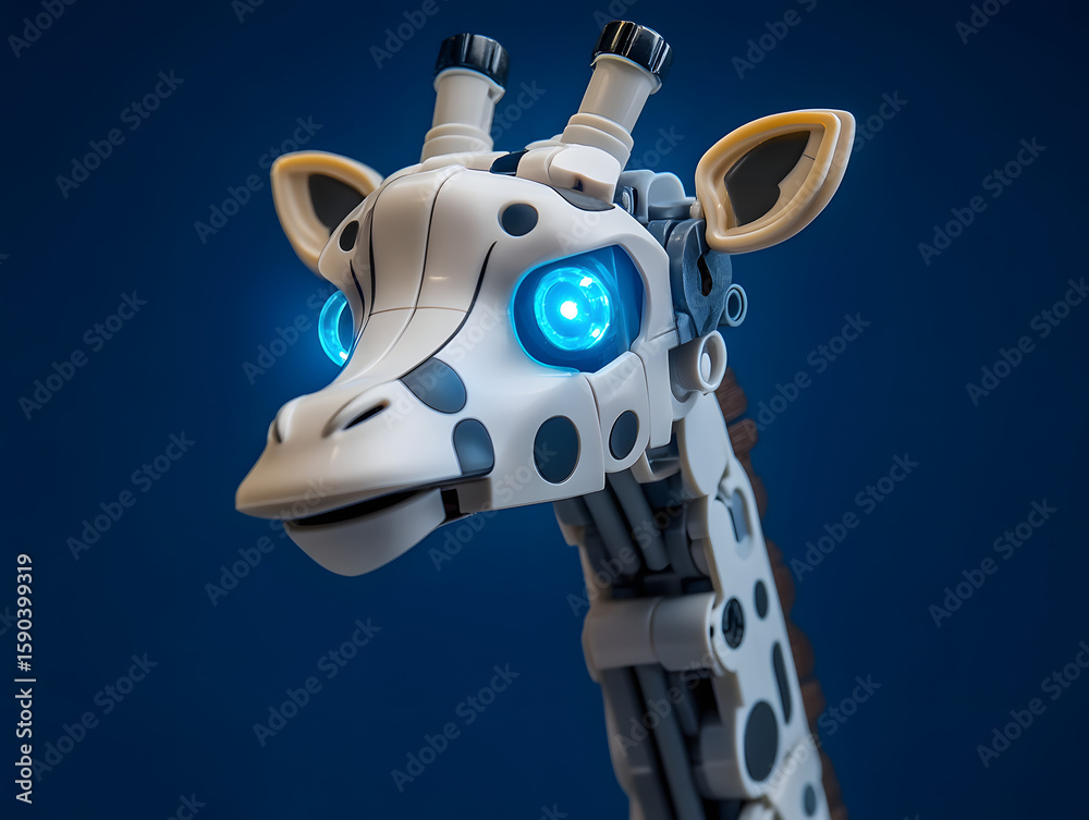 Naklejka premium A white robotic giraffe with glowing blue eyes