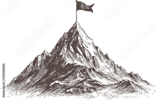 Flag on mountain peak with detailed sketch of rugged terrain landscape. Vector illustration