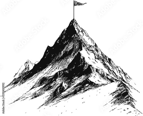 Monochrome sketch of a mountain peak with a flag on top, symbolizing achievement. Vector illustration