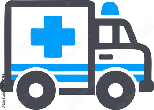 Graphic illustration of an ambulance with blue cross icon. Vector illustration