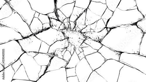 Fractured black and white glass effect with cracks radiating from center. Vector illustration
