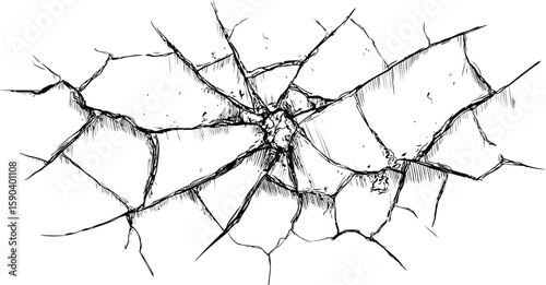 Shattered glass with intricate cracks in a black and white. Vector illustration