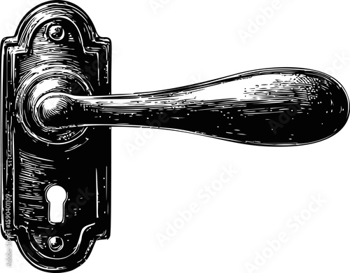 Vintage black and white illustration of door handle with ornate backplate. Vector illustration