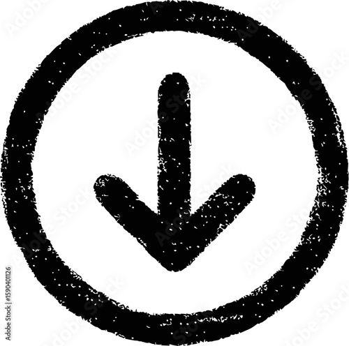 Grunge style black circle with downward arrow icon, sketch design symbol. Vector illustration