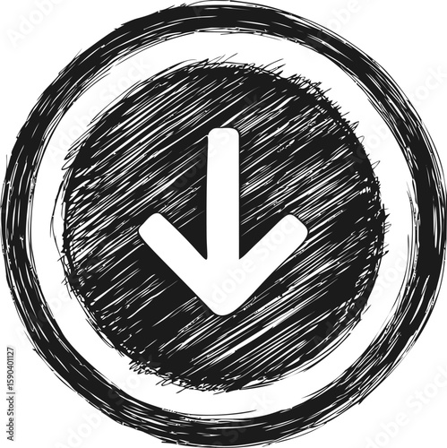Downward arrow in black circular brush stroke style, hand-drawn vector design. Vector illustration