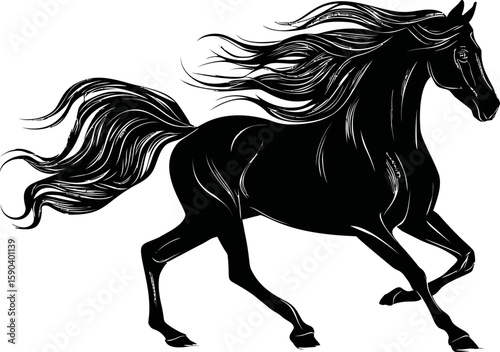 Silhouette of a galloping black horse with flowing mane in dynamic motion. Vector illustration
