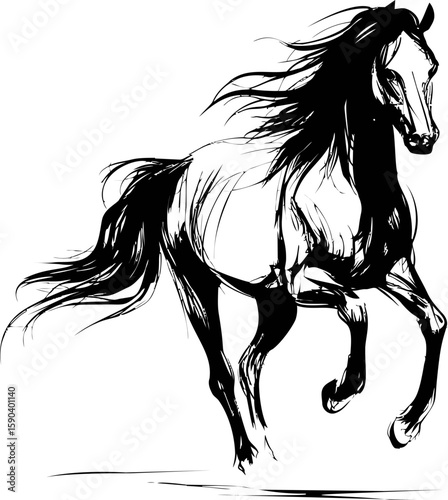 Black and white sketch of a galloping horse with flowing mane illustration. Vector illustration