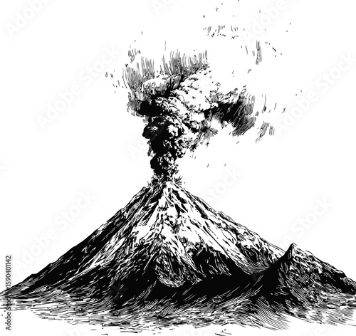 Erupting volcano with billowing smoke in monochrome drawing, natural phenomenon. Vector illustration