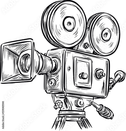 Vintage black and white film camera illustration with detailed sketch design. Vector illustration