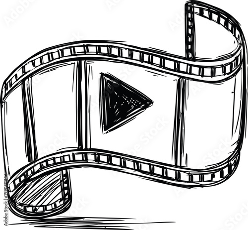 Sketch of a film strip with play button symbol in black and white illustration. Vector illustration