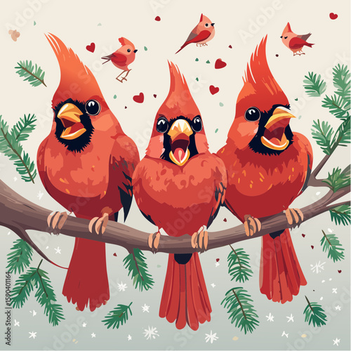 Trio of Pretty Cardinals Singing a Pretty Song - 2