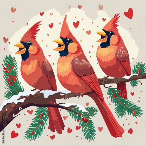Trio of Pretty Cardinals Singing a Pretty Song - 3