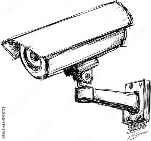 Black and white sketch of a surveillance camera on a wall, security concept. Vector illustration