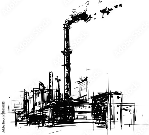 Industrial factory sketch with tall chimneys and smoke in monochrome design. Vector illustration