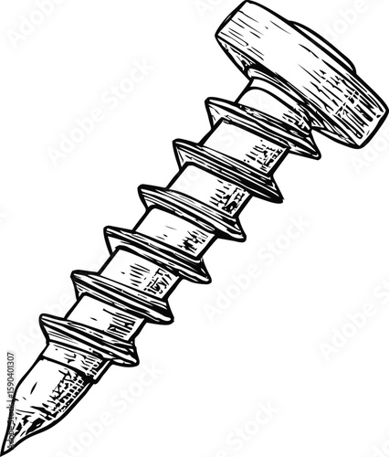 Black and white illustration of a detailed screw with sharp threads. Vector illustration