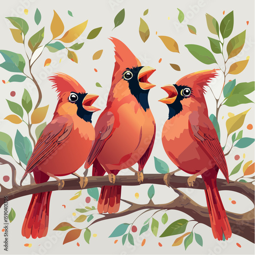 Trio of Pretty Cardinals Singing a Pretty Song - 1