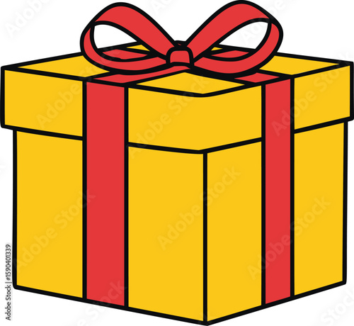 Yellow gift box with red ribbon and bow illustration. Vector illustration