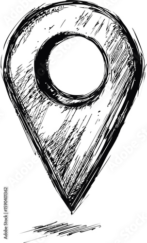 Scribbled black location pin sketch with textured lines. Vector illustration