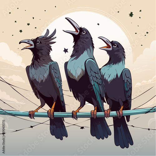 Trio of Crows Sitting on a Wire & Making Lots of Noise - 3 