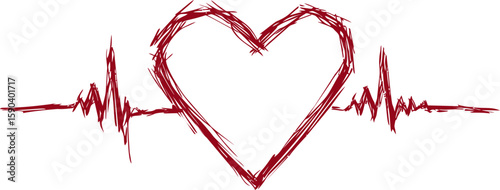 Red sketched heart with electrocardiogram lines, love symbol. Vector illustration