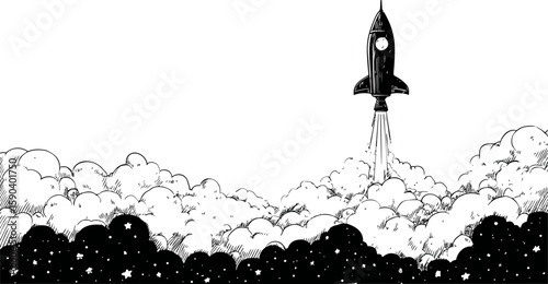 Rocket launching among clouds in a black and white illustration, space exploration theme. Vector illustration