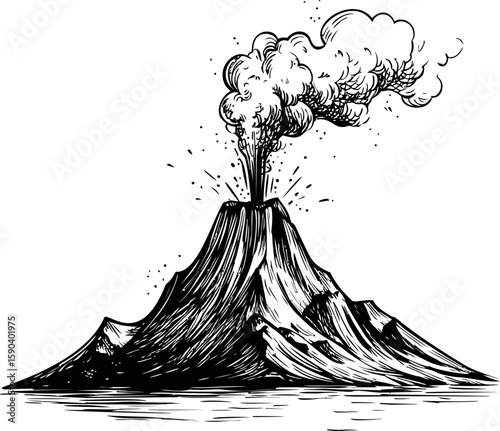 Black and white sketch of a volcanic eruption with smoke and ash billowing. Vector illustration