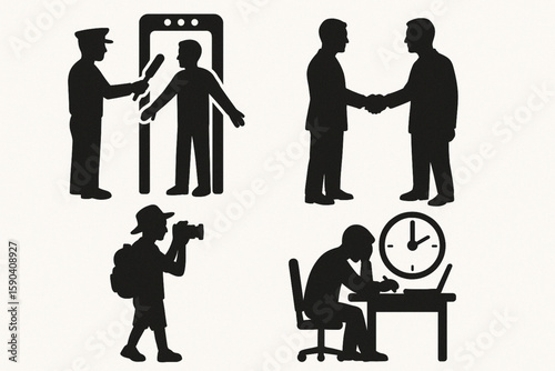 Silhouette Bundle Airport Security Handshake Deal Tourist Camera Deadline Work