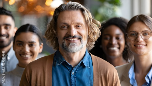 Diverse team portrait smiling in office, business professionals group photo together