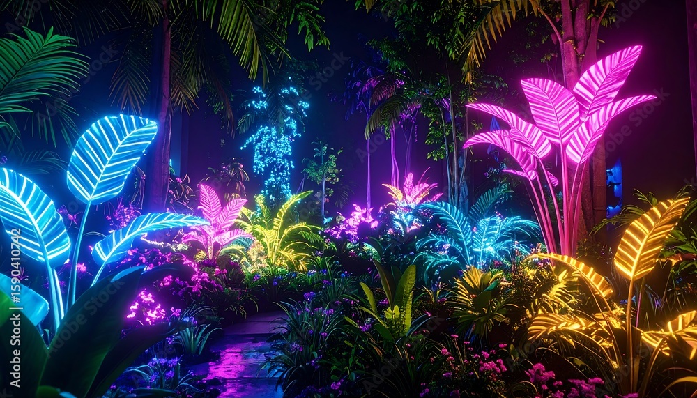 Fototapeta premium Neon-lit tropical jungle path