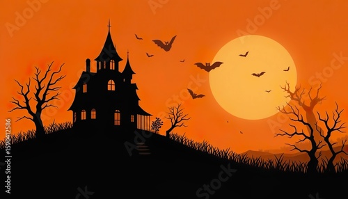 Silhouette of a haunted house with bats flying at sunset on a spooky Halloween night.