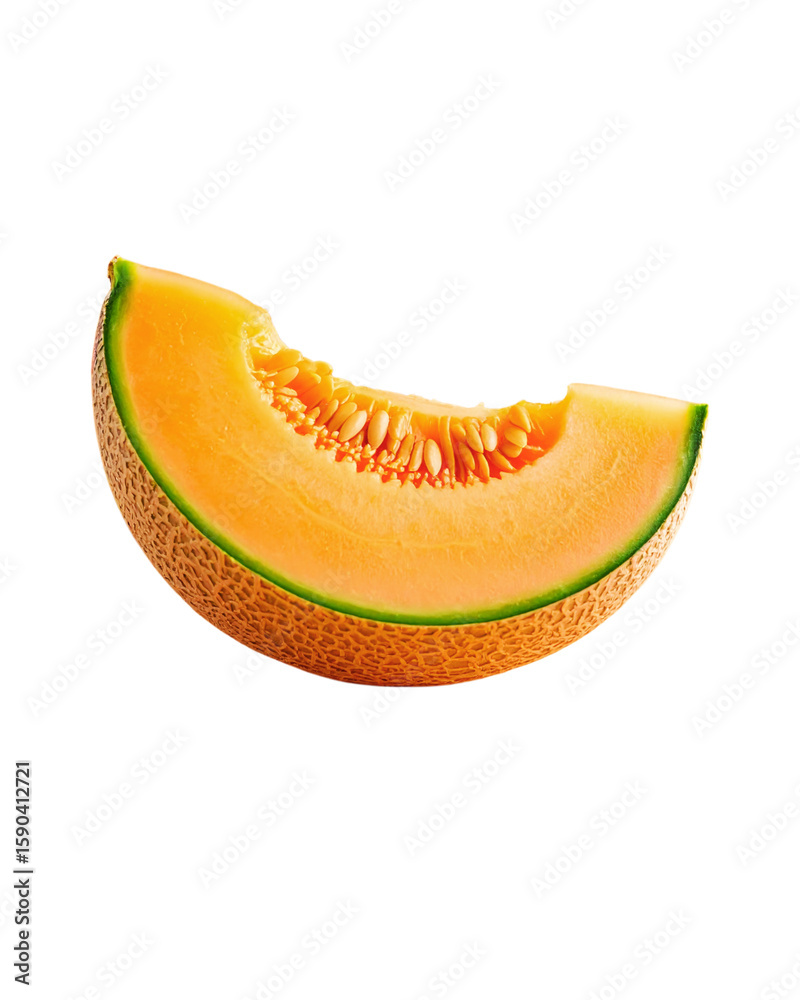 Isolated on white, a vibrant slice of fresh, sweet cantaloupe melon, ripe and juicy, offers a healthy, delicious, and refreshing food choice Isolated on white, a vibrant slice of fresh, sweet cantaloupe melon, ripe and juicy, offers a healthy, delicious, and refreshing food choice