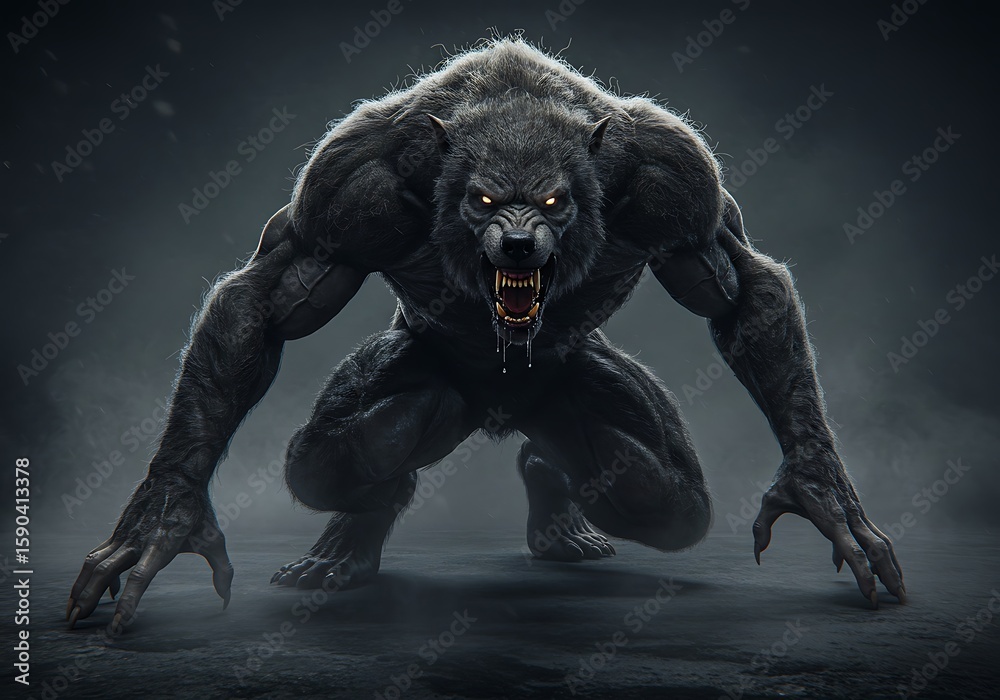 Obraz premium Ferocious Werewolf in a Dramatic Pose. Generative Ai