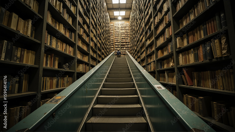 Fototapeta premium Person on Escalator Between Book-Filled Shelves