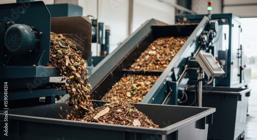Eco industrial machinery handling food leftovers for natural decomposition cycle.